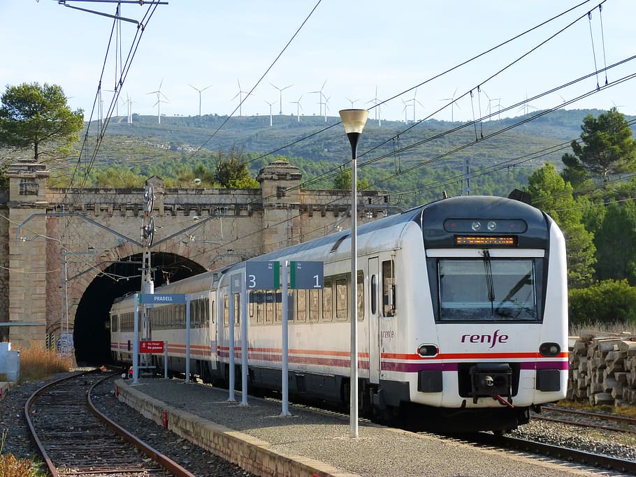 white Renfe train, station, tunnel, railway, railroad track, train - vehicle, HD wallpaper