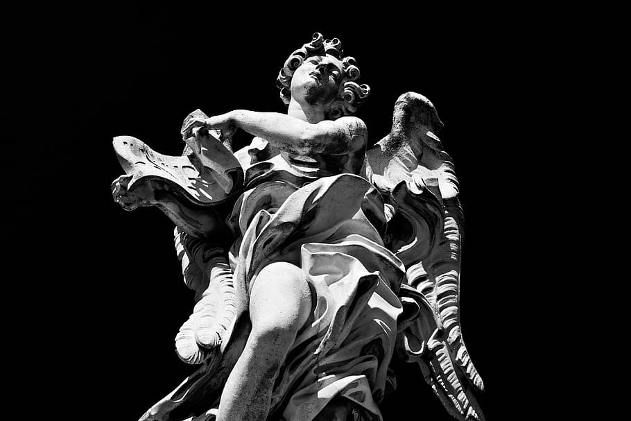 High-contrast monochrome shot of a statue on the River Tiber in Rome, Italy, HD wallpaper