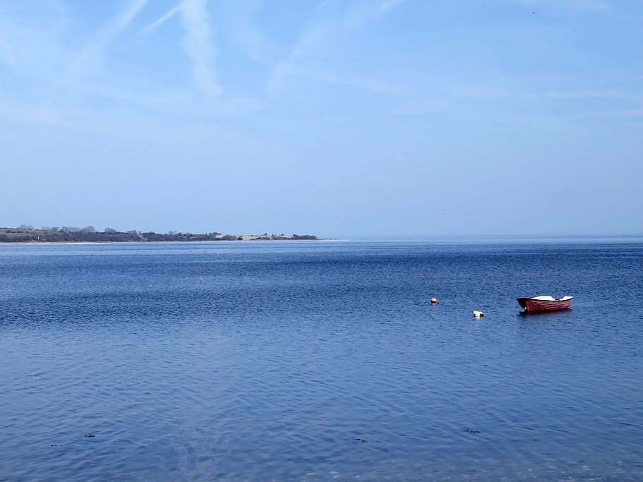 sea, lake, danish baltic, quiet lake, stony underground, powerboat