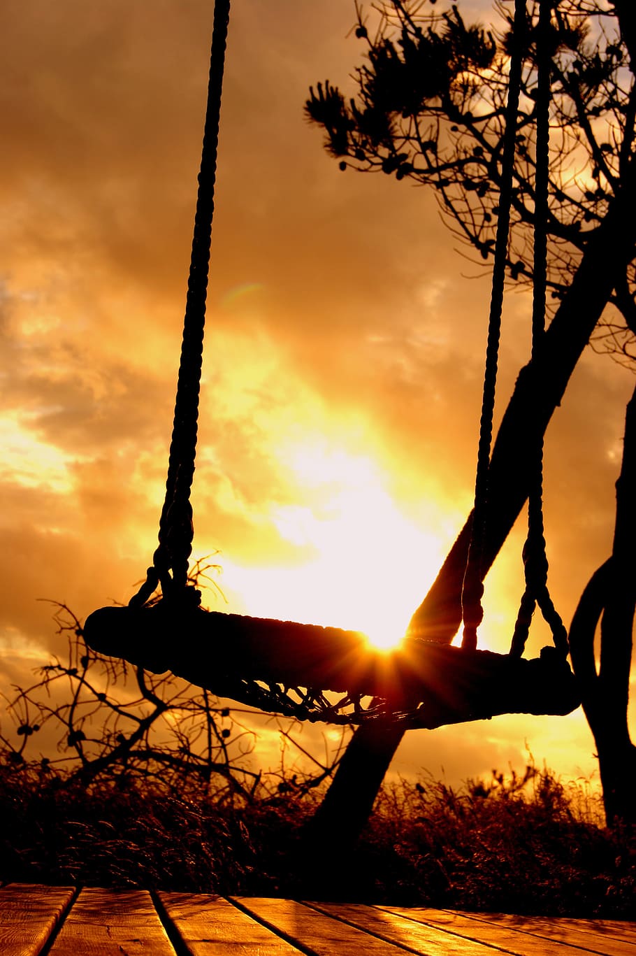 sunset, swing, clouds, gold, shadow, silhouette, sky, cloud - sky HD wallpaper