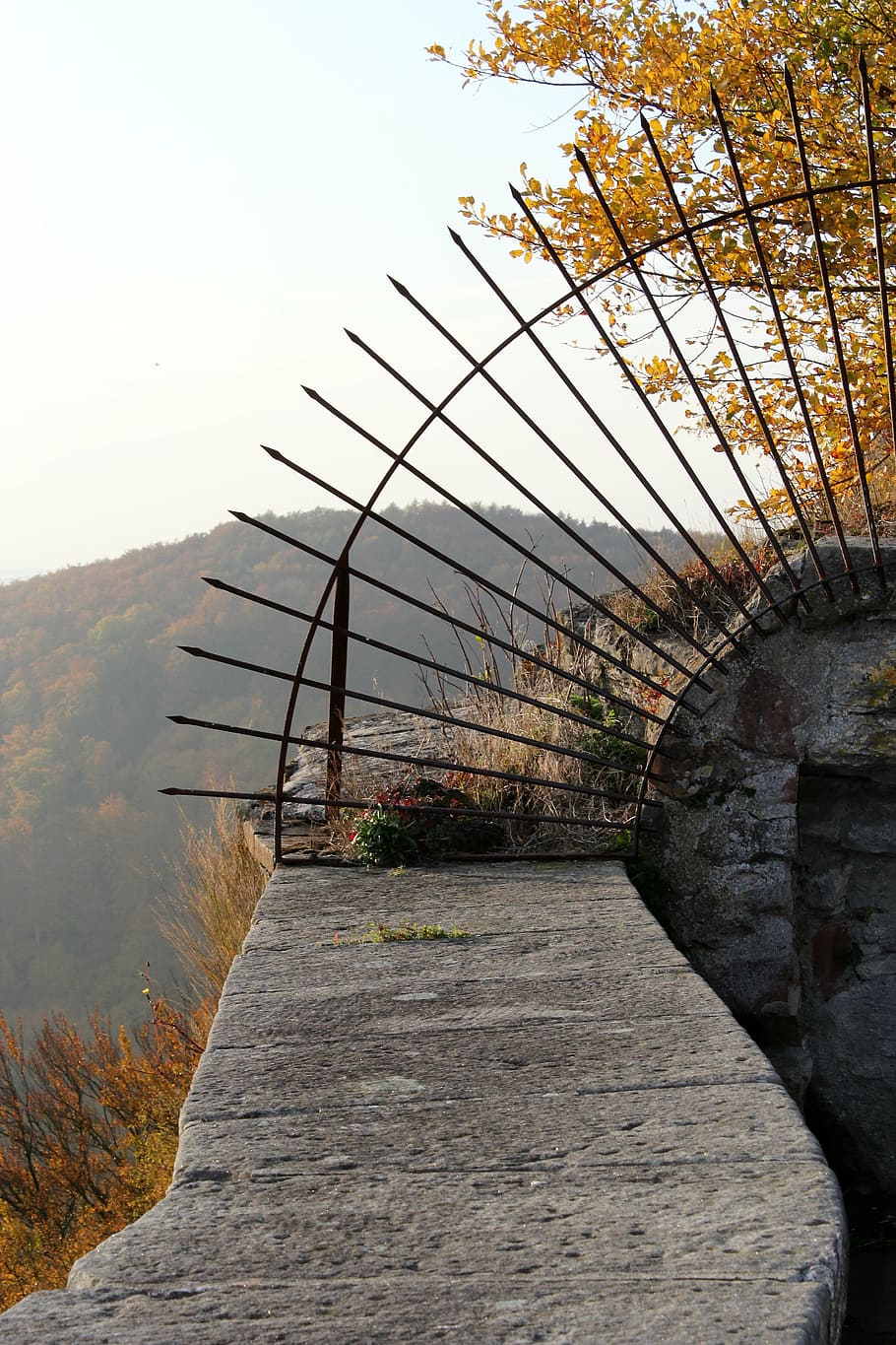 grid, metal, iron, stone wall, bars, architecture, sky, nature HD wallpaper