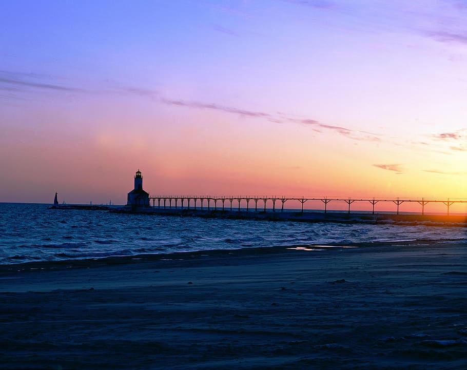 silhouette of lighthouse during golden hour, tower, beacon HD wallpaper