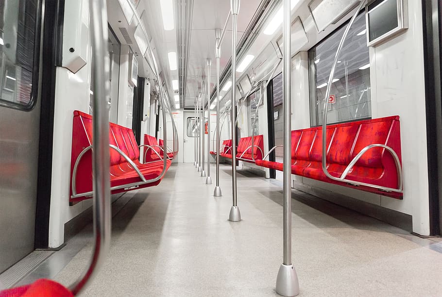 photo of red and gray train interior, Metro, Subway, Underground, Train