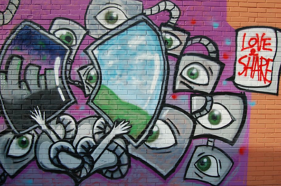 multicolored love share mural, art, brick wall, graffiti, street art, HD wallpaper