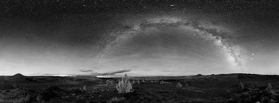 grayscale picture of night sky, milky way, stars, cosmos, space