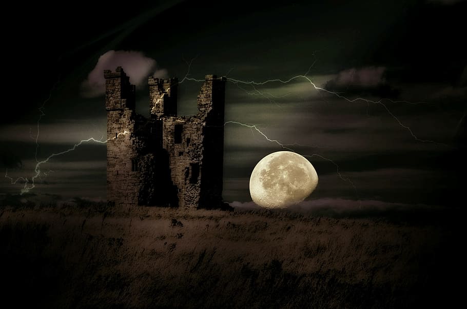 gray moon photo, castle, burgruine, masonry, fortress, substantiate, HD wallpaper