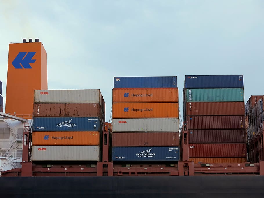 piled assorted-color storage containers, port, hamburg, container ship, HD wallpaper