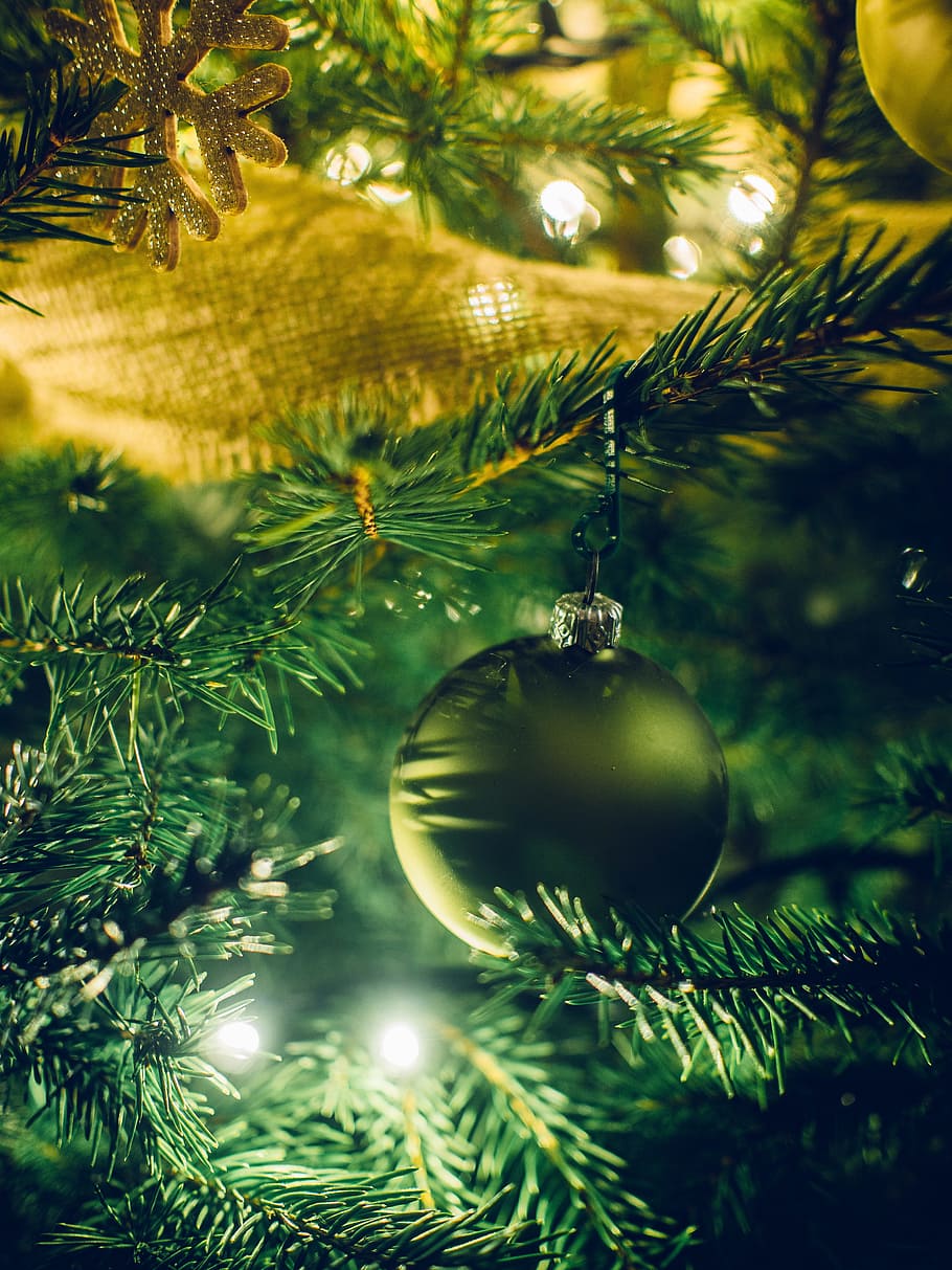 selective focus photography of green ornament on tree, christmas HD wallpaper