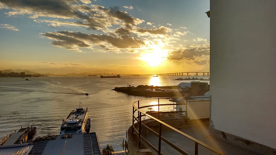 niterói, sunset, nature, water, sky, sea, nautical vessel HD wallpaper