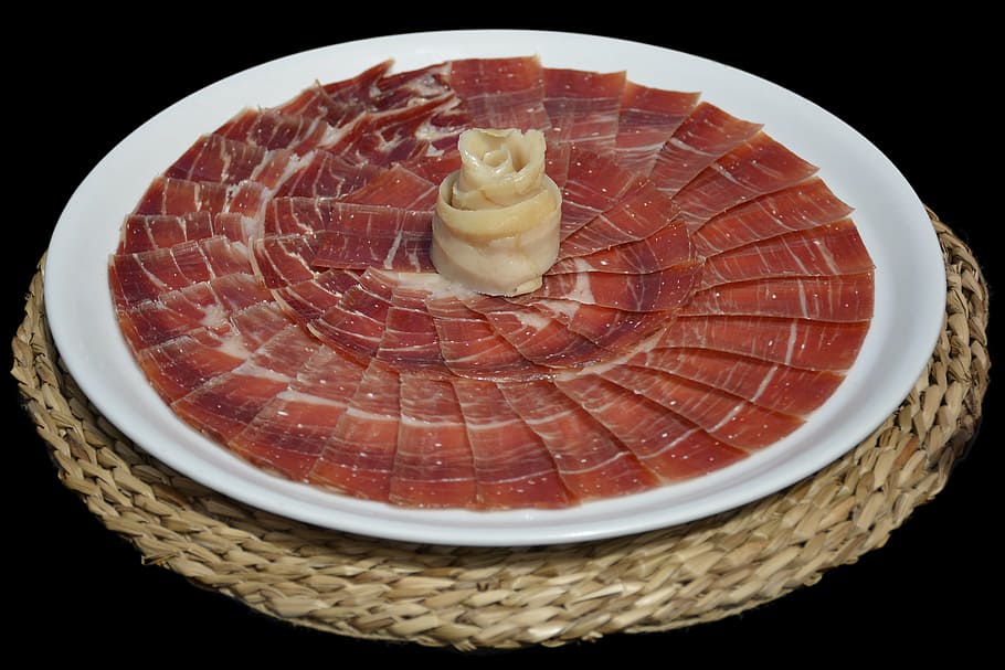 sashimi in white ceramic plate, serrano ham, food, tapas, appetizer HD wallpaper
