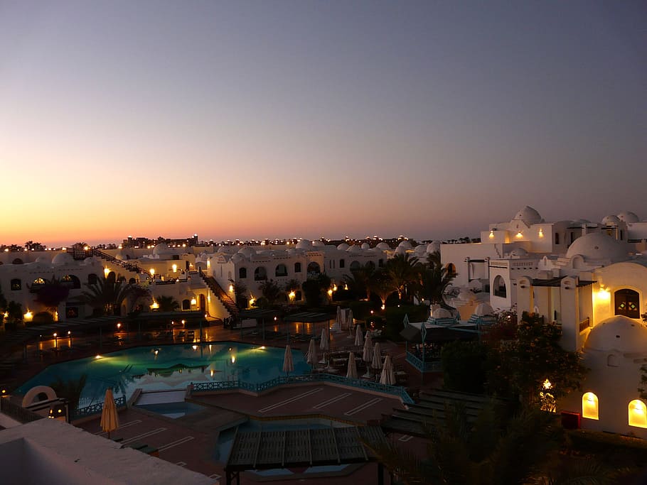 Hurghada, Hotel, Plant, Roof, hotel roof, abendstimmung, sunset, HD wallpaper