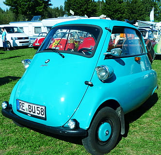 yellow BMW vehicle parked on green field at daytime, isetta HD wallpaper