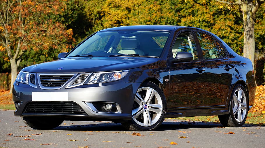 black sedan, car, saab, automobile, reflection, classic, transportation HD wallpaper