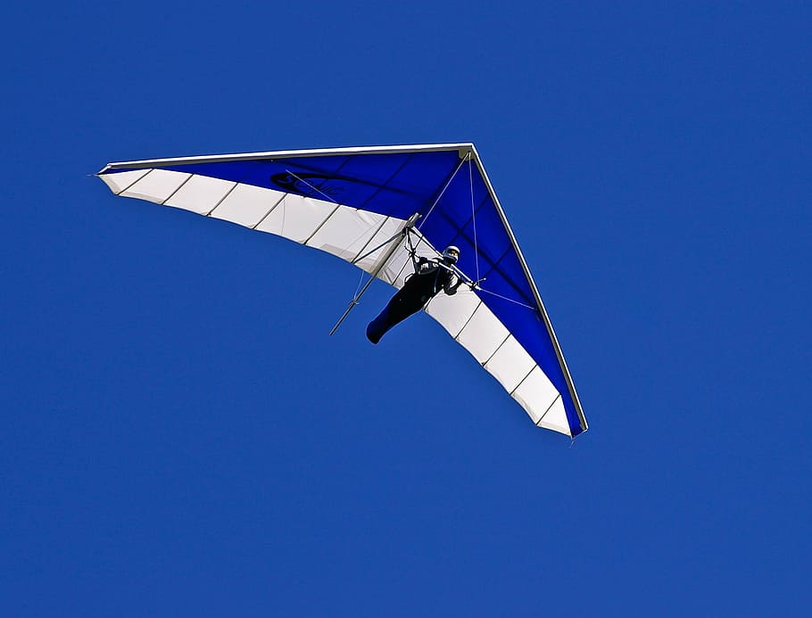 adventure, blue, flying, glider, gliding, hang gliding, person, HD wallpaper