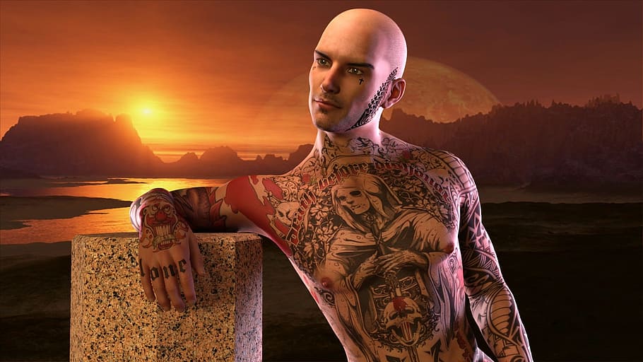 man, extravagant, tattoo, sunset, peeled, contemplation, one person
