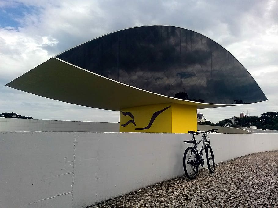 Bike, Museum, Oscar Niemeyer, Curitiba, cloud - sky, no people, HD wallpaper