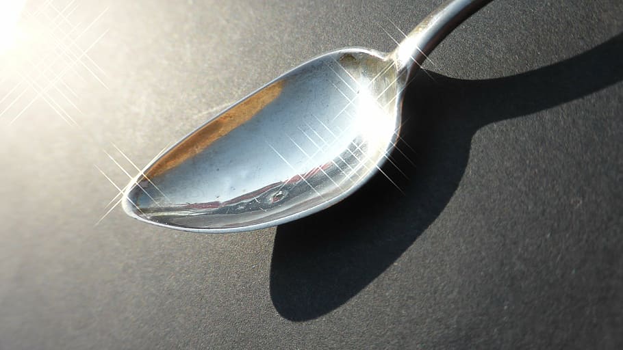 silver spoon, shiny, reflect, cutlery, sunlight, nature, close-up