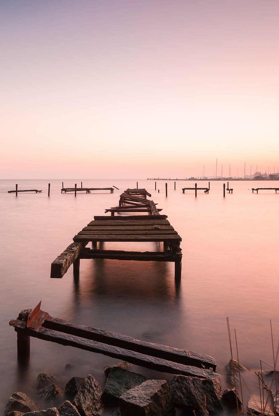broken dock pier in body of water, sunset, decay, bridge, break up HD wallpaper