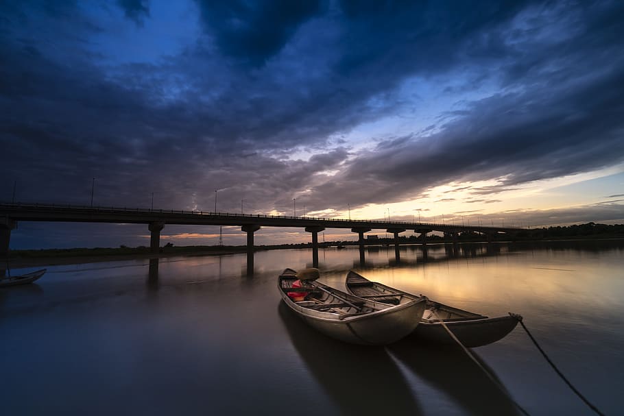 two gray canoes near bridge, lonely, feeling, wait, tranquility, HD wallpaper