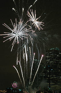 fireworks display, beside, sky, scrapers, architecture, buildings HD wallpaper