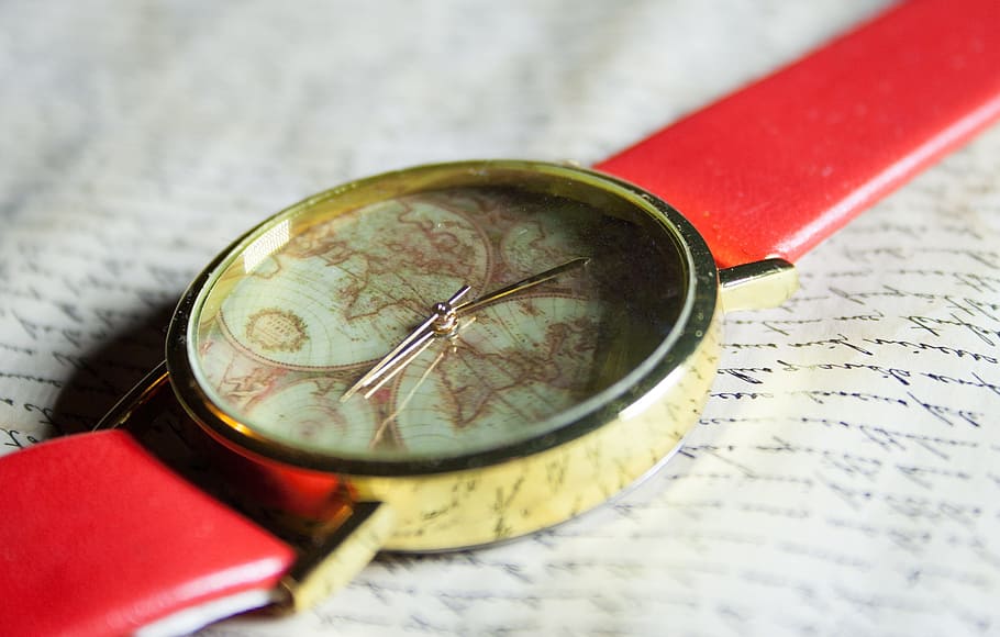 round beige analog watch with red strap on book, clock, font HD wallpaper