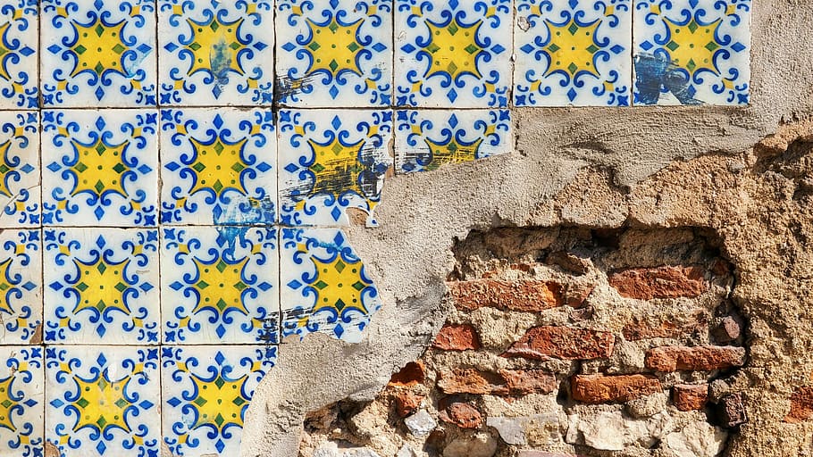 yellow and blue floral ceramic tiles, broken white and yellow mandala ceramic tile platform HD wallpaper