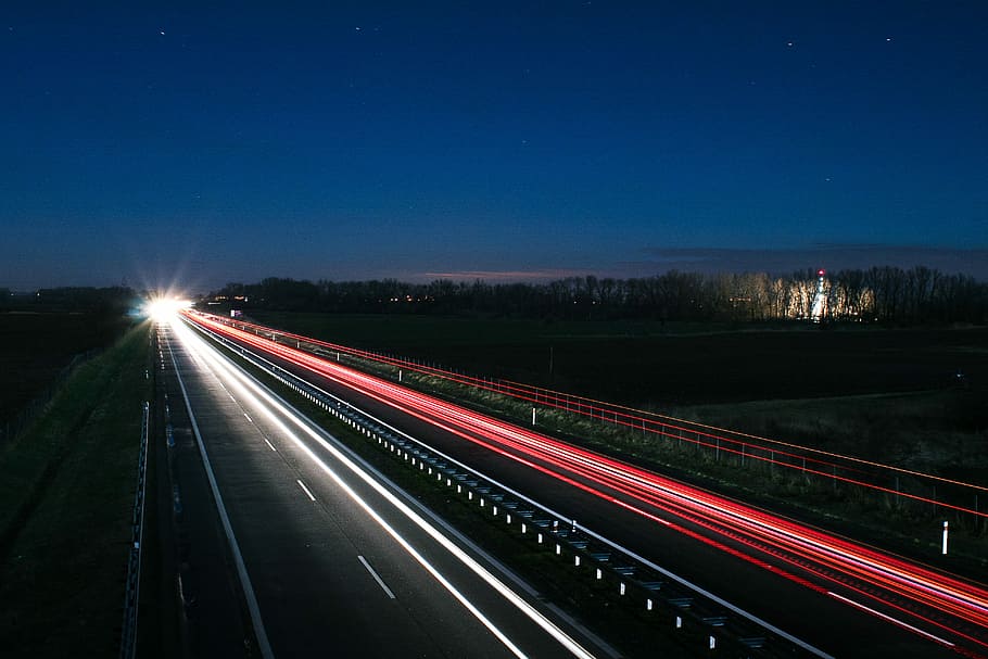 Highway at Night, cars, driving, lights, roads, transportation, HD wallpaper