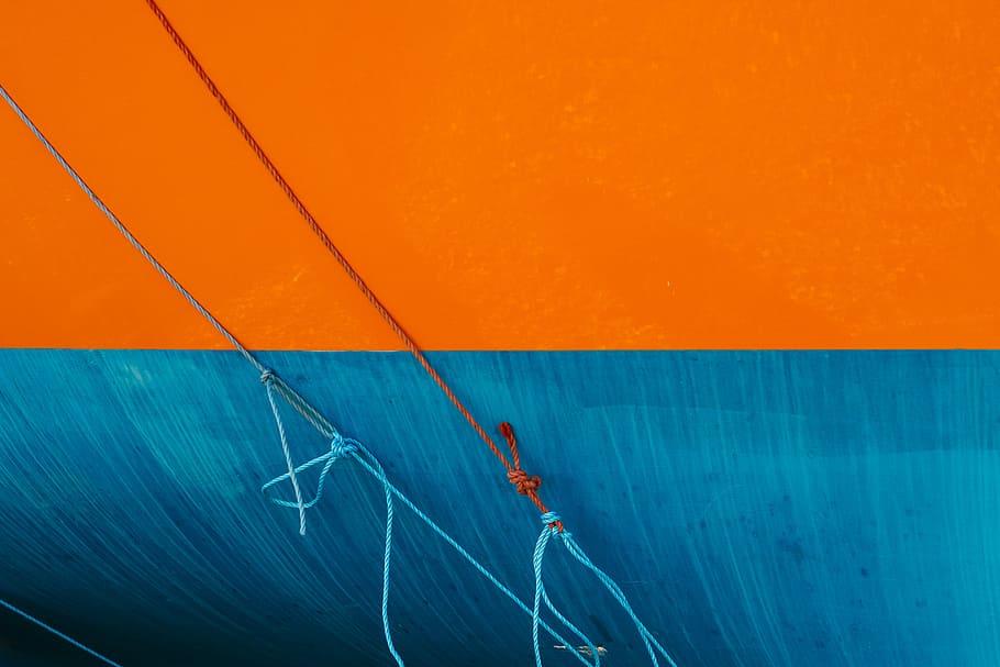 red and blue rope on blue and orange wall, boat, mood, colour