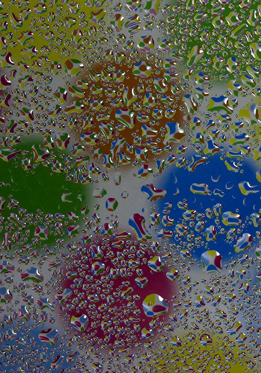 drops, refractive, coloring, water, full frame, multi colored HD wallpaper