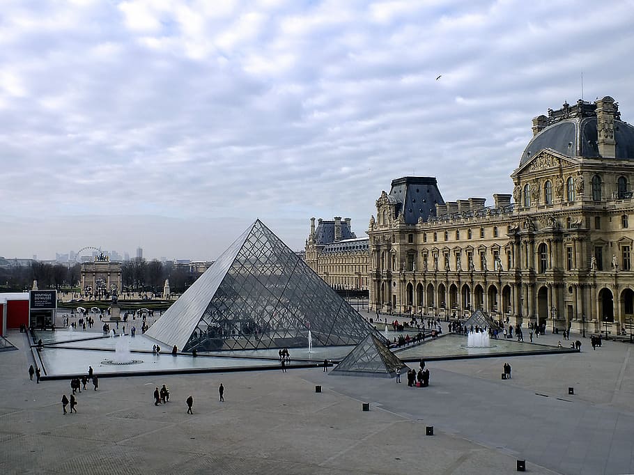 glass structure beside brown building, The Louvre, Paris, architecture, HD wallpaper