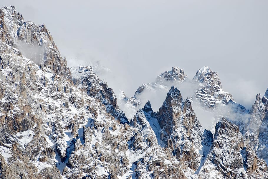 gray mountain with snow, landscape of snow mountain, sky, cloud HD wallpaper