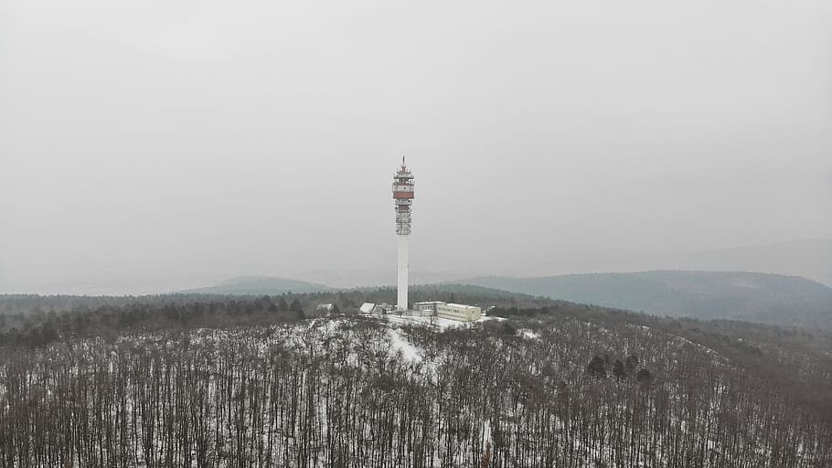 white lighthouse photography, drone view, station tower, mountain HD wallpaper