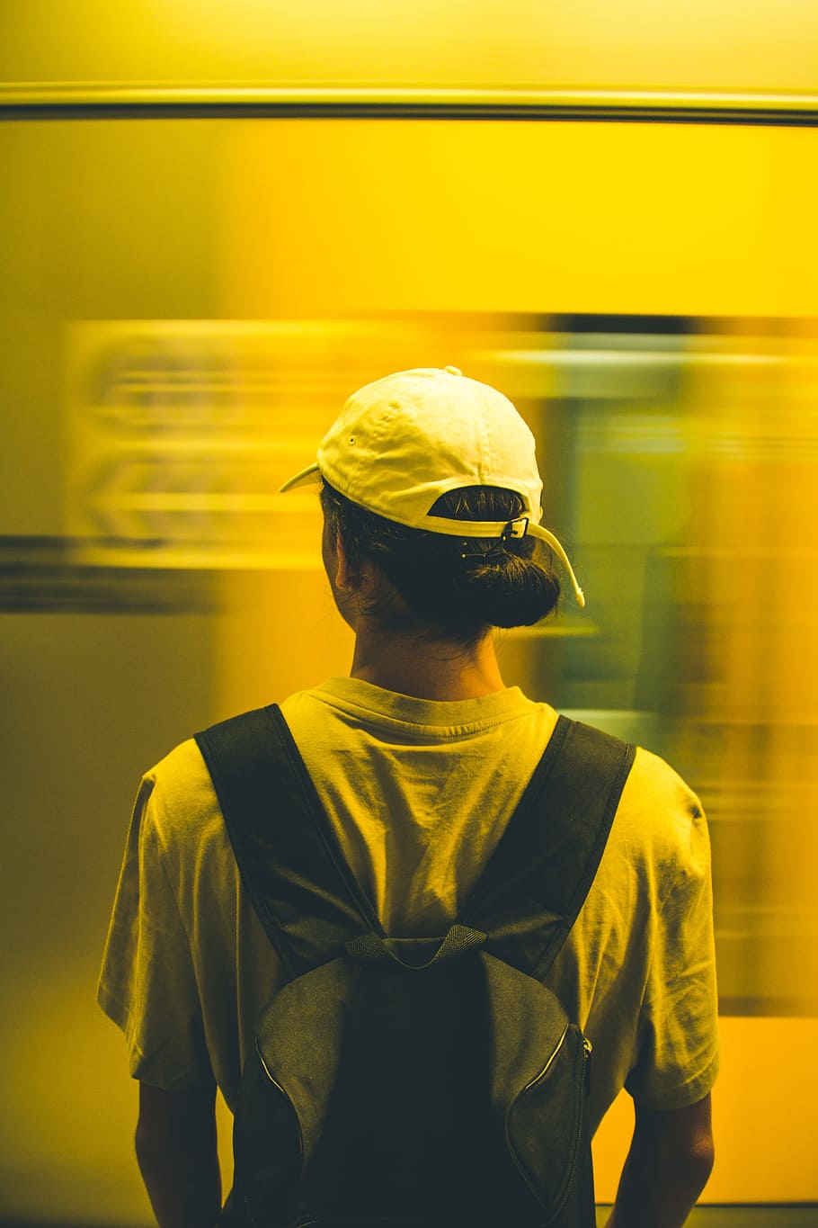 people, man, waiting, rail, station, train, yellow, blurred motion HD wallpaper