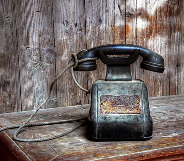 black cradle phone on brown wooden desk, old, device, former HD wallpaper