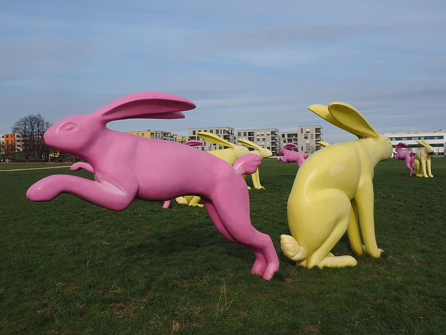 rabbit, bunny couple, artwork, yellow, pink, seat and flitz rabbits, HD wallpaper