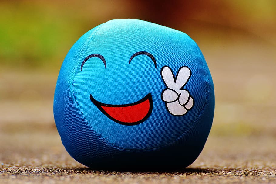 selective focus photo of blue plush toy, smiley, cool, peace