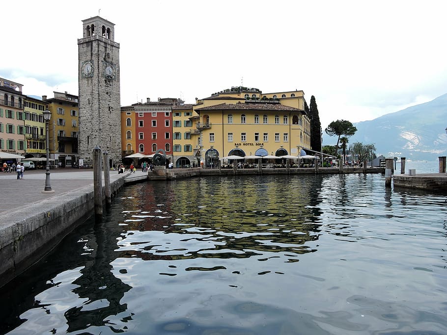 piazza, lake, riva del garda, italy, campanile, built structure, HD wallpaper