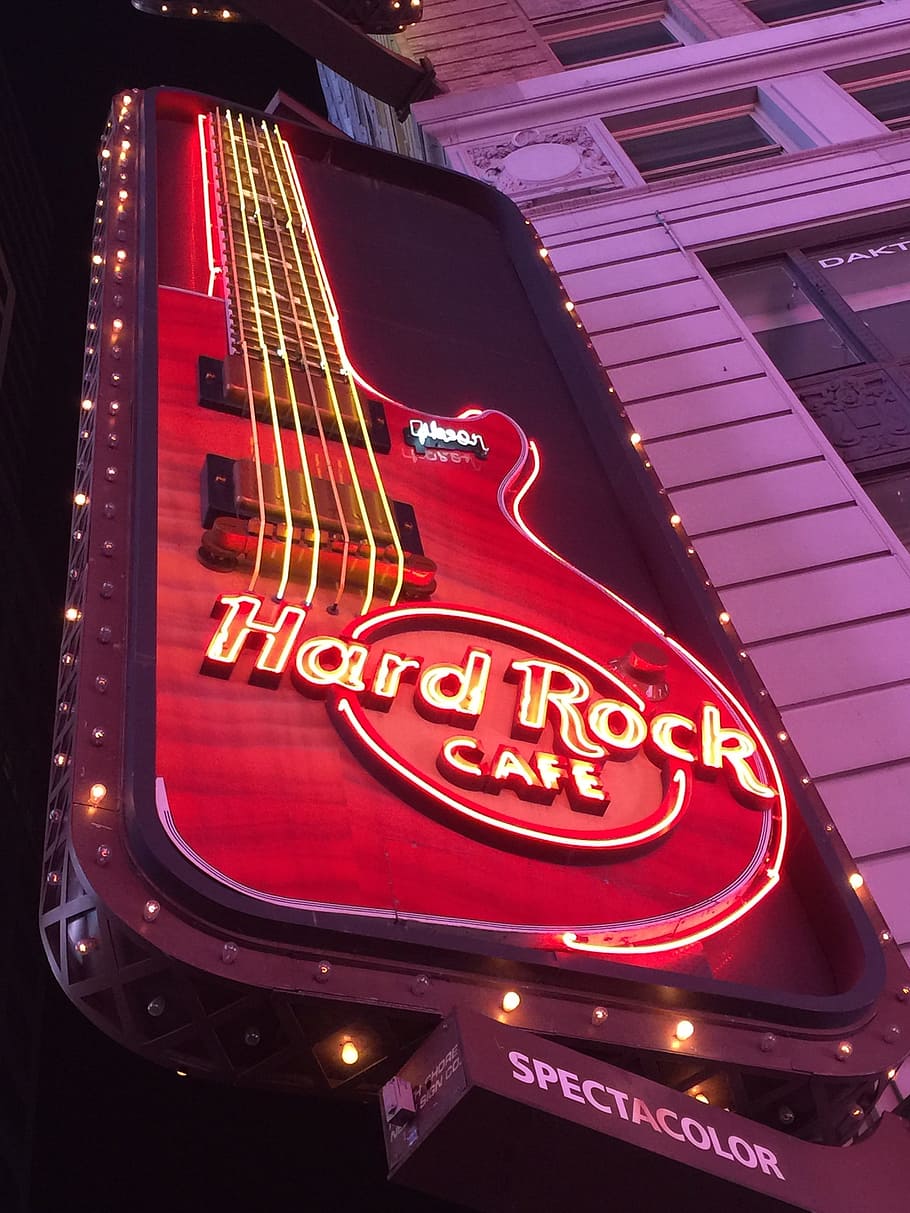 Restaurant, Nyc, Hard Rock Cafe, illuminated, neon, arts culture and entertainment, HD wallpaper