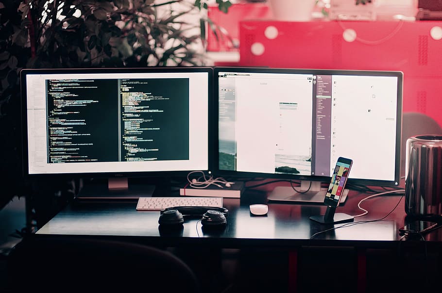 two flatscreen monitors turned on on black desk, computer Monitor HD wallpaper