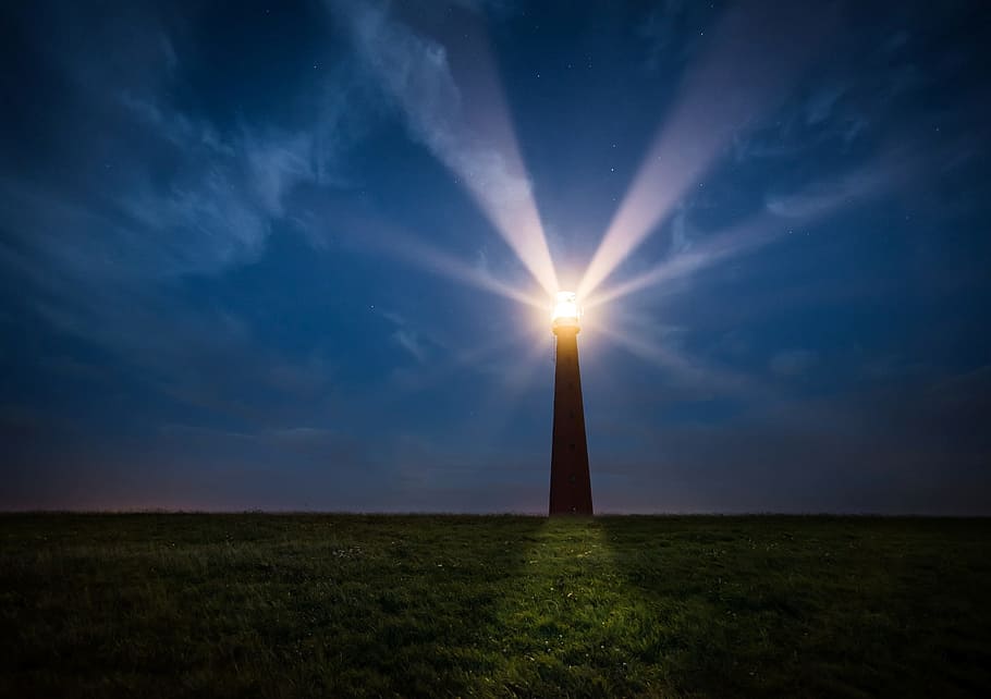 silhouette photo of lighthouse, sea, beacon, coast, sky, night HD wallpaper