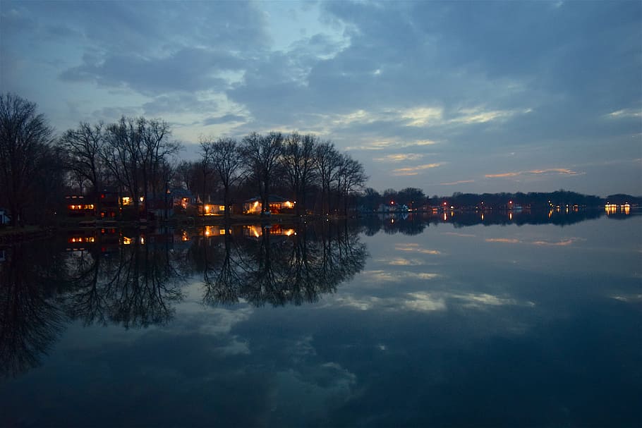 reflective photography of tree and house silhouettes, houses HD wallpaper