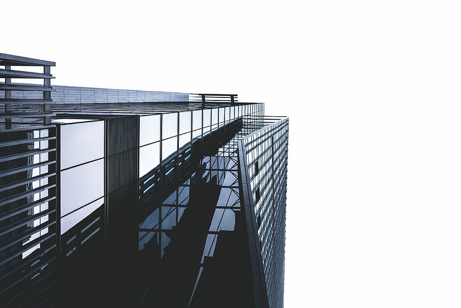 bottom view of skyscraper, grey concrete building, city, reflection HD wallpaper