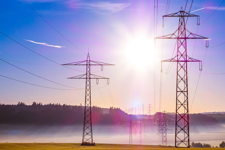 black electric towers under blue sky during daytime, power lines HD wallpaper