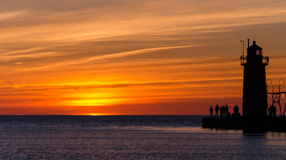 Sunset, Lighthouse, Michigan, sea, horizon over water, silhouette HD wallpaper