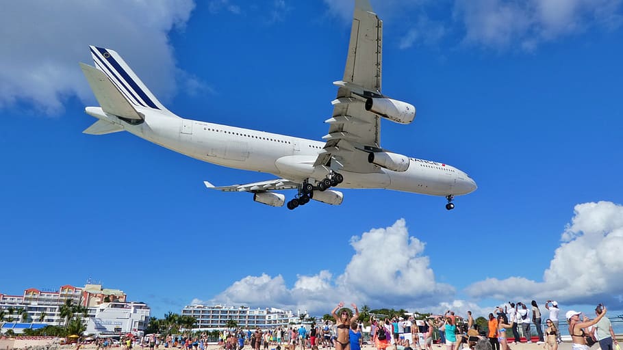 caribbean, st maarten, maho beach, aircraft, sky, clouds, action, HD wallpaper