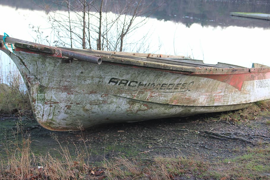 boat, lake, broken, rowboat, water, salvaged, nautical vessel HD wallpaper