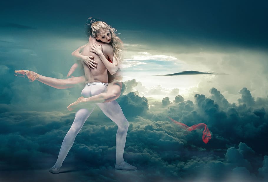 dancing couple on clouds, dancers, dreaming, fantasy, ballet HD wallpaper