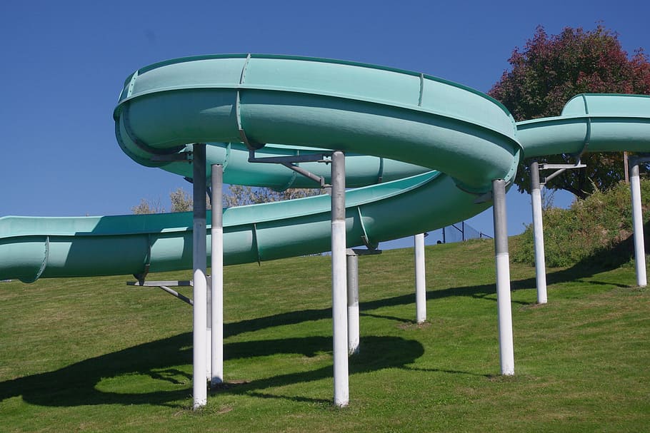 water slide, amusement, green color, plant, day, grass, nature HD wallpaper
