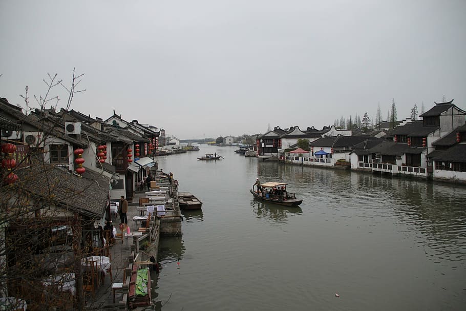 china wind, jiangnan, watertown, boat, ship, shanghai, building exterior HD wallpaper