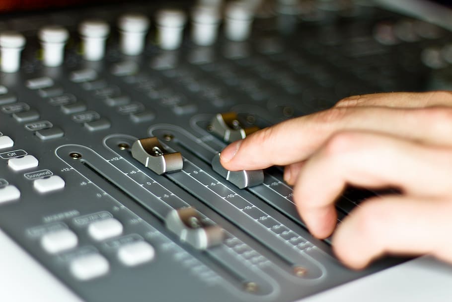 person holding black audio mixer, sound studio, radio, equalizer HD wallpaper